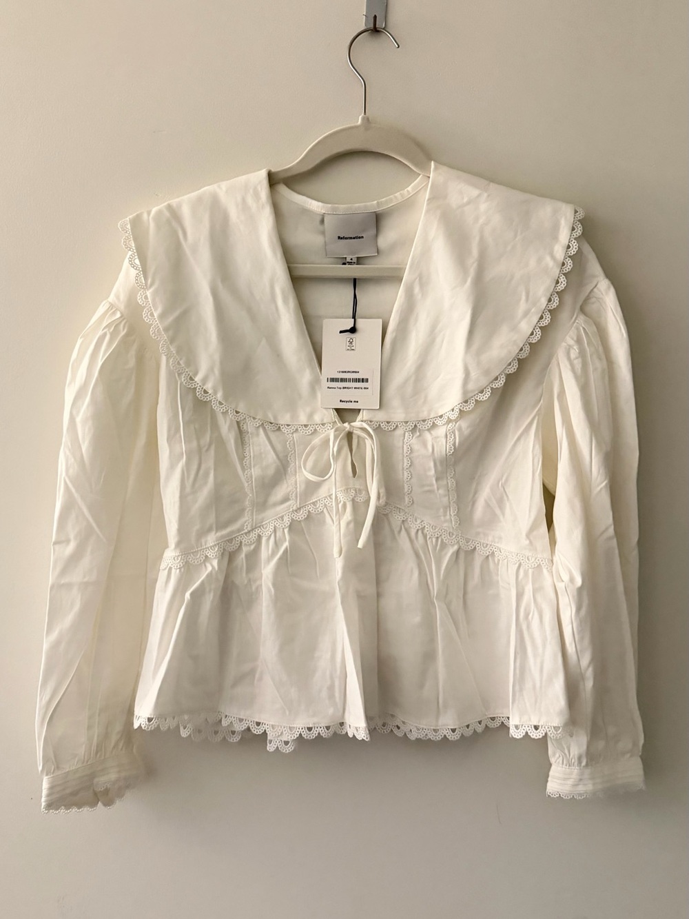 NEW Reformation Renna Top, lace sailor collar, white cotton poplin, size 4 - Picture 9 of 16